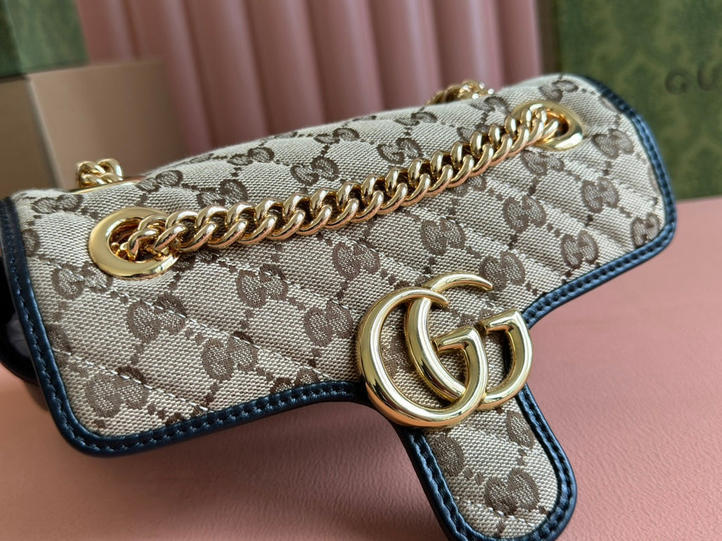GUCCI MARMONT MEDIUM SHOULDER BAG 22 IN BEIGE AND BROWN  CANVAS BLACK CALFSKIN