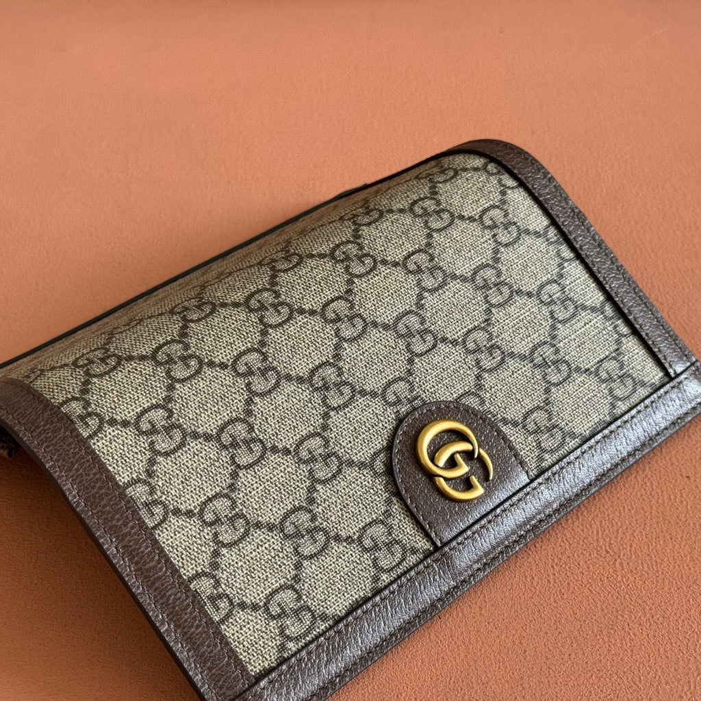 GUCCI OPHIDIA CARD CASE 19 IN BEIGE BROWN COATED FABRIC AND CALFSKIN