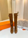 HERMES 25S KELLY KNEE-HIGH BOOTS IN BROWN SUEDE WITH SILVER HARDWARE