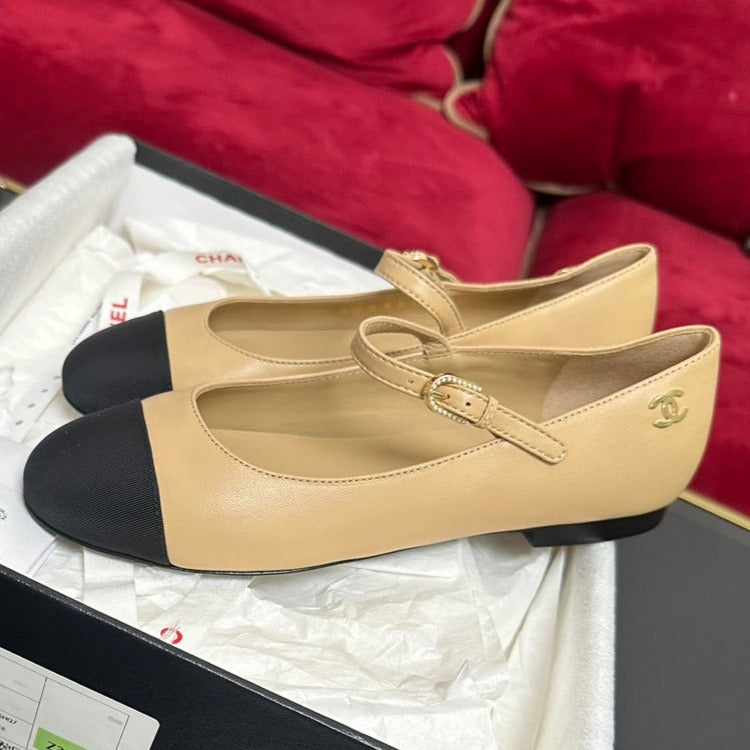 CHANEL MARY JANE SHOES IN BEIGE CREAM CALFSKIN AND BLACK SATIN