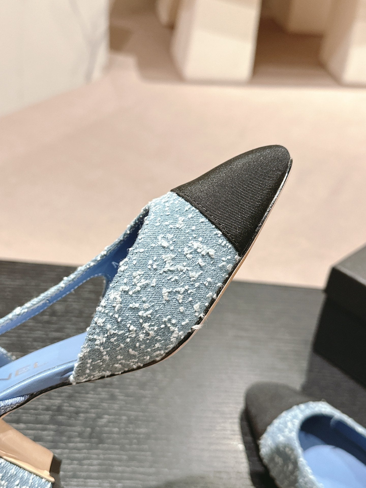 CHANEL HIGH SLINGBACKS IN LIGHT BLUE DENIM AND BLACK SATIN