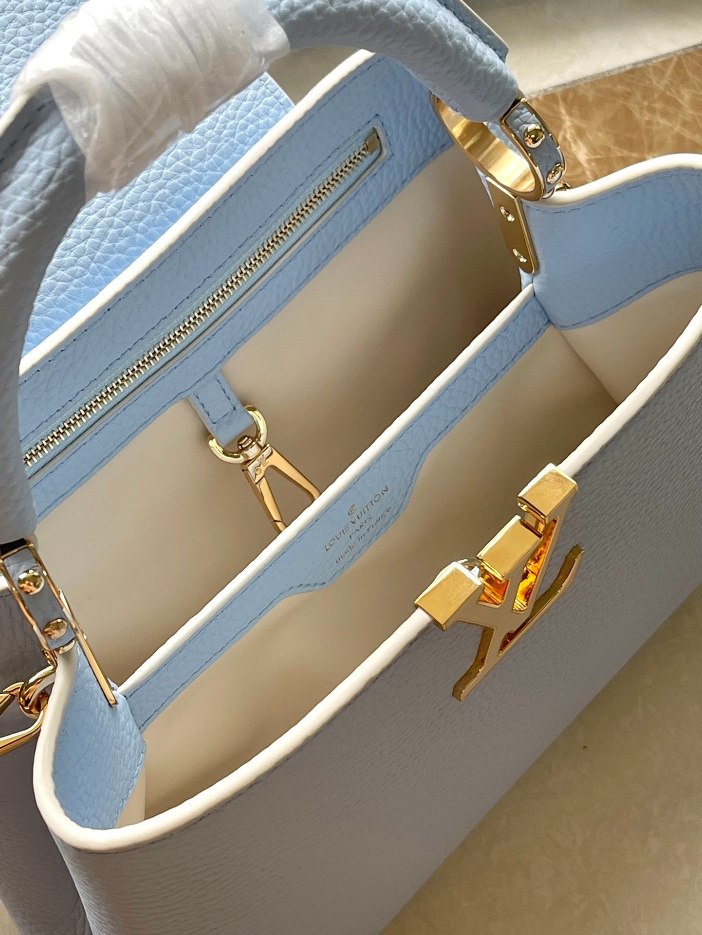 LOUIS VUITTON CAPUCINES BB 26 IN CANDY BLUE TAURILLON GOLD HARDWARE