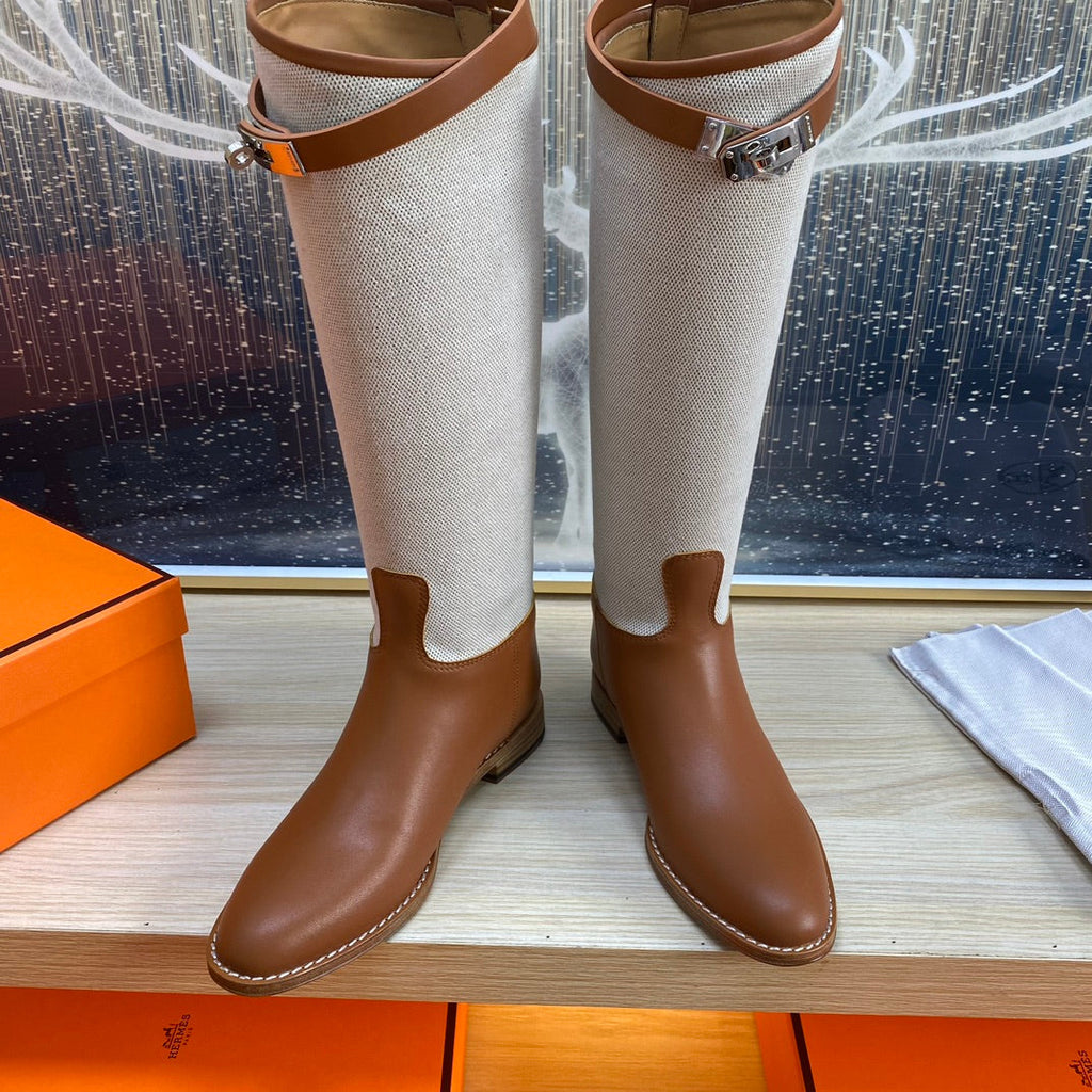 HERMES KNEE HIGH BOOTS IN BRONZE BROWN CALFSKIN AND WHITE FABRIC