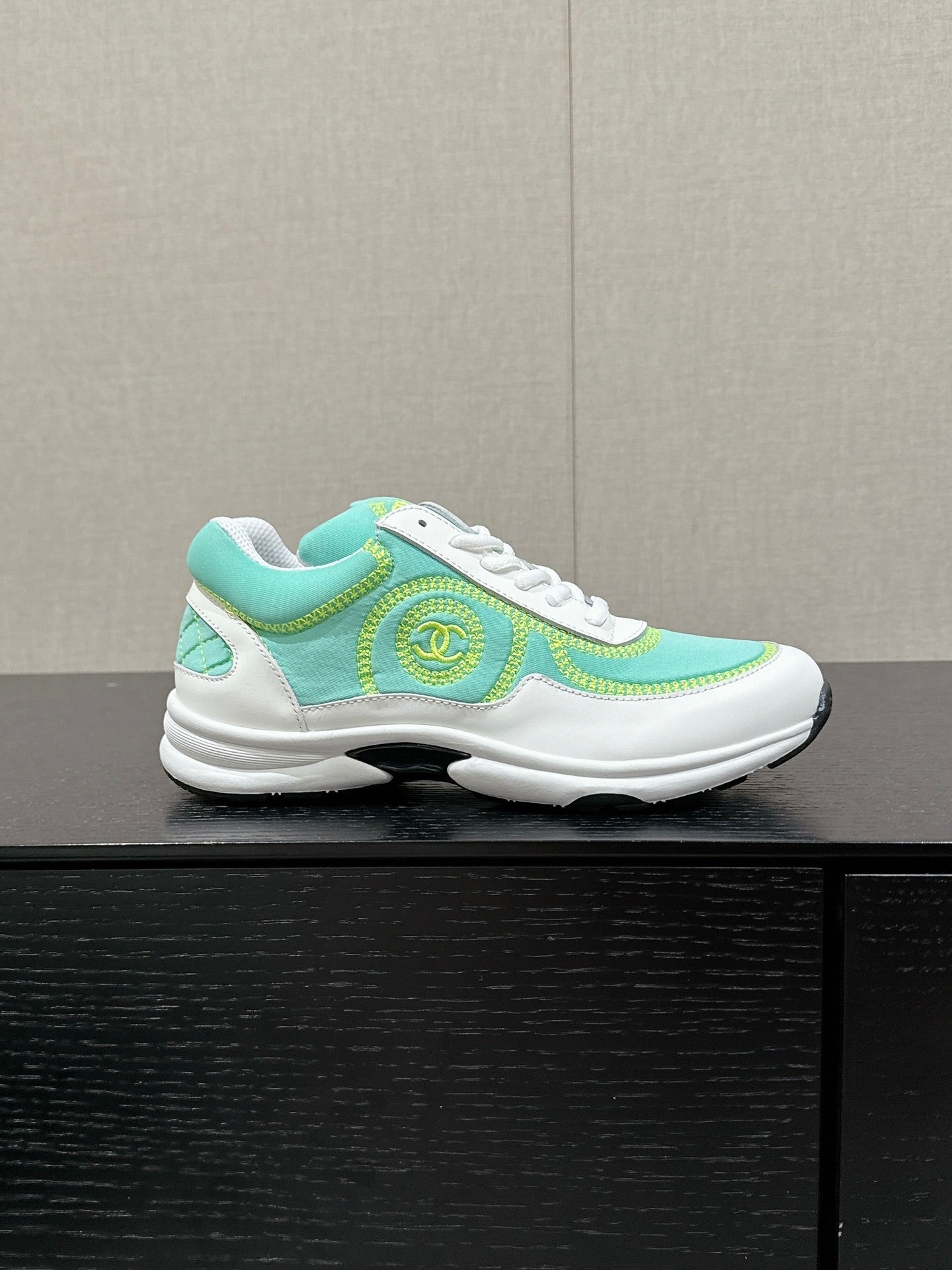 CHANEL CLASSIC TRAINER IN MINT GREEN MIX WHITE FABRIC