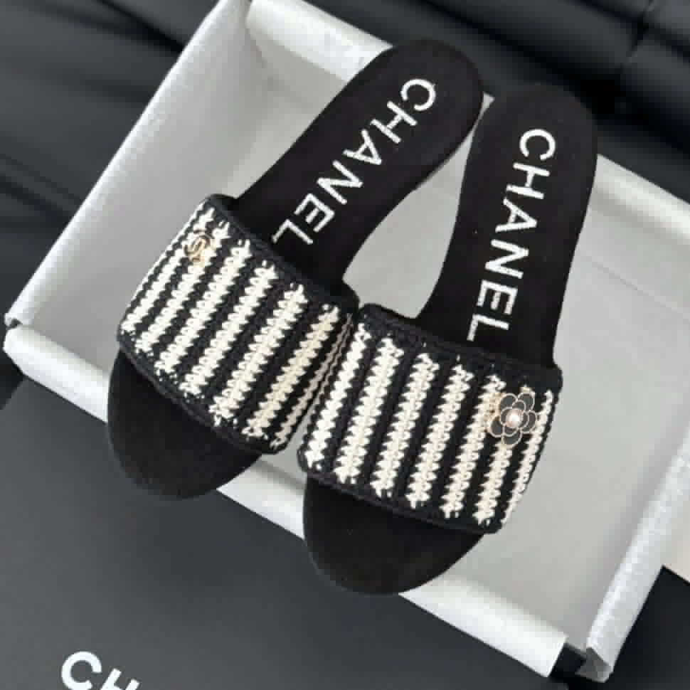 CHANEL Sheepskins Knit Slippers Black White