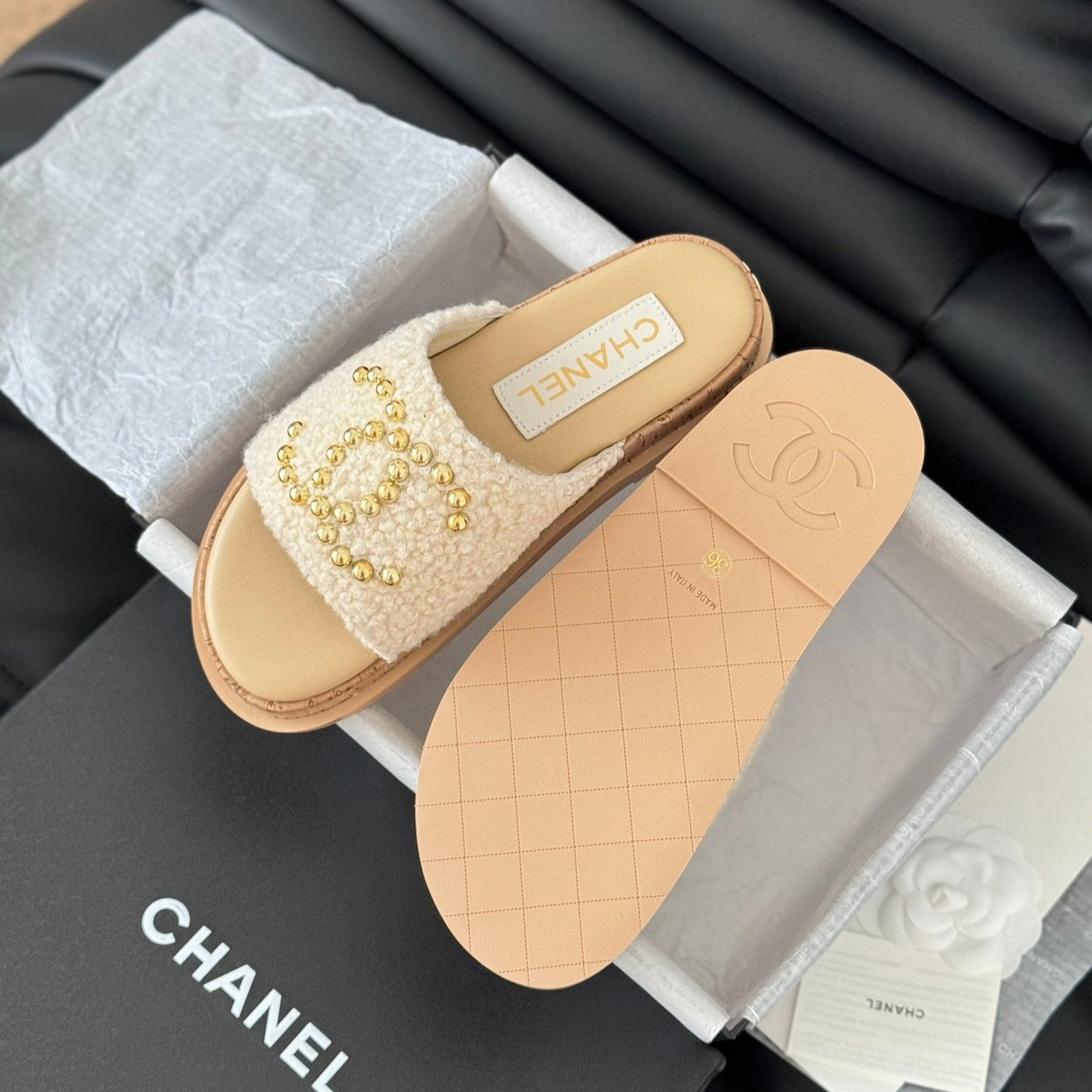 CHANEL Slippers Platform Lambskin Beige Cream