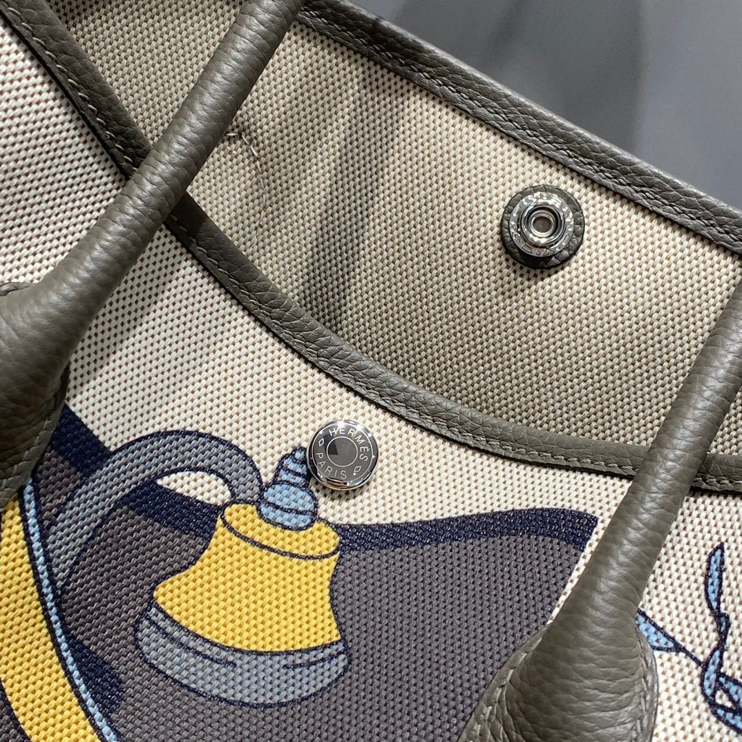 HERMES GARDEN PARTY 36 IN IVORY YELLOW BLUE TOILE H CANVAS ETOUPE CALFSKIN EQUESTRIAN HARNESS PRINT