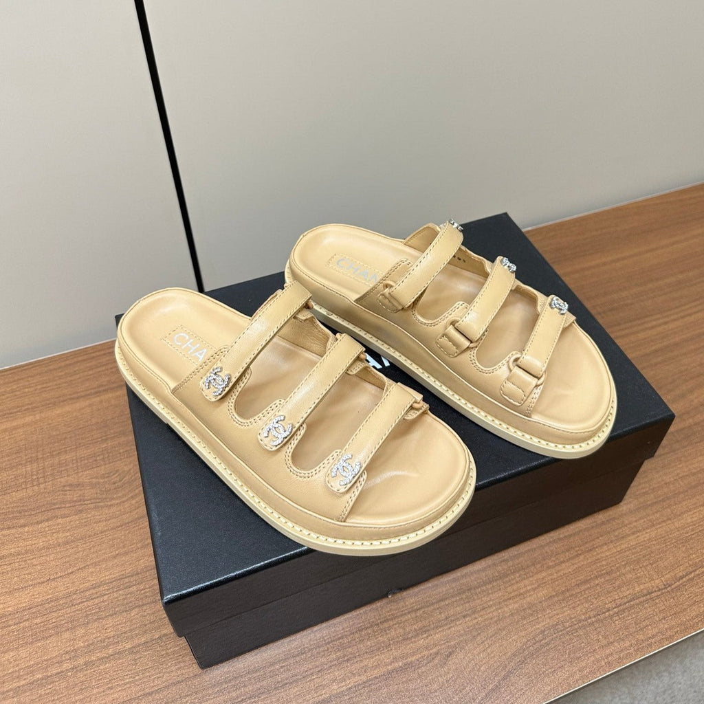 CHANEL dad sandals cream 3 rows lambskin mules