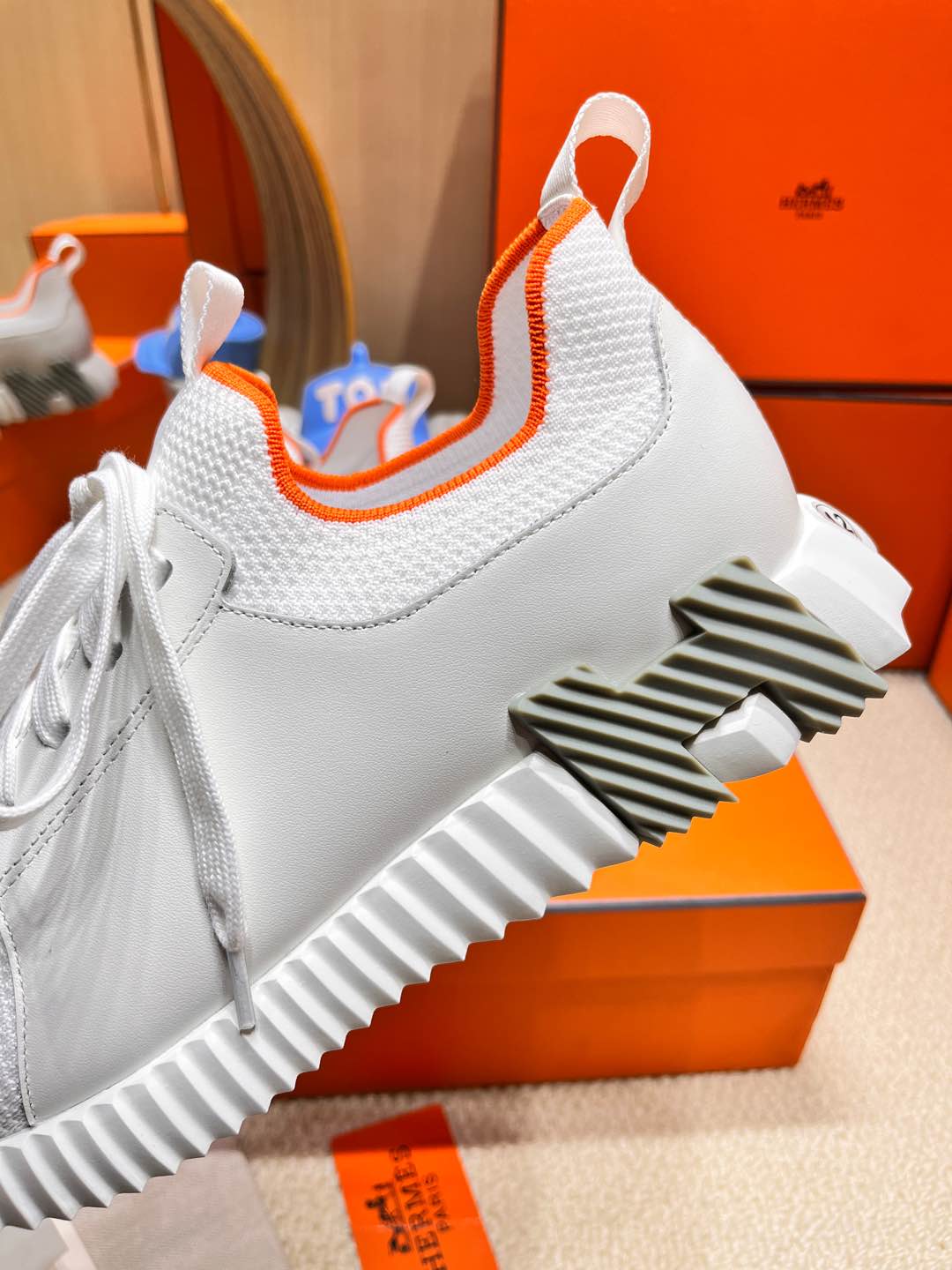 HERMES DEPART SLIP-ON SNEAKER IN FULL WHITE KNIT AND CALFSKIN