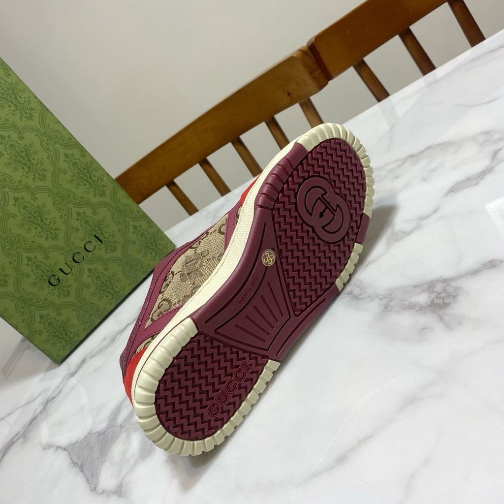 GUCCI 26S RE-WEB TRAINER SNEAKERS IN RED CALFSKIN AND BEIGE CANVAS