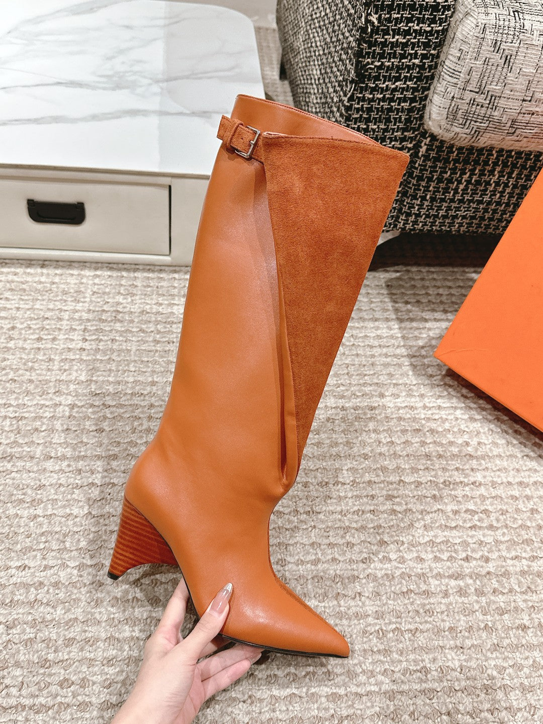 HERMES HILONA 6 CM BOOTS IN BRONZE BROWN CALFSKIN AND SUEDE