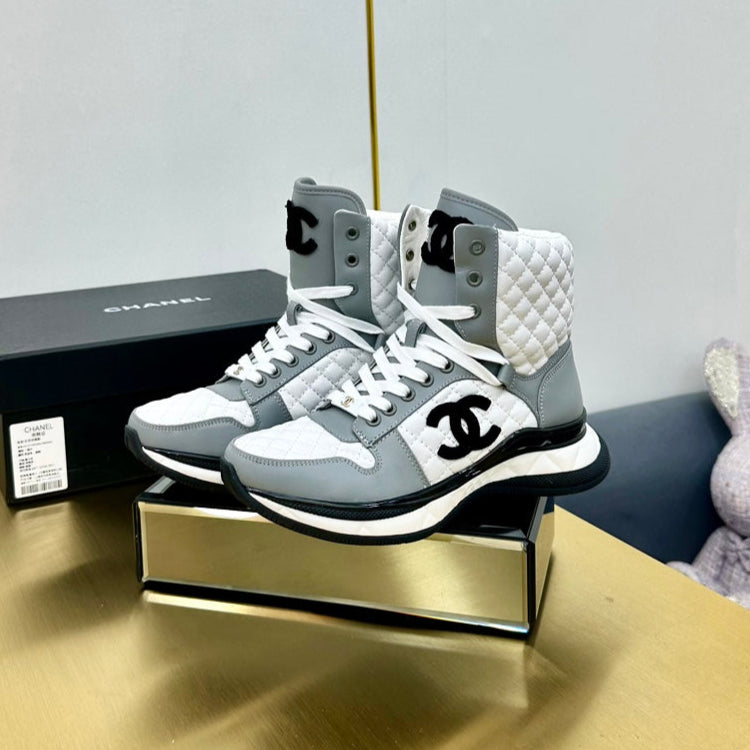 CHANEL ATHLETIC SHOES IN WHITE MIX ASH GRAY CALFSKIN