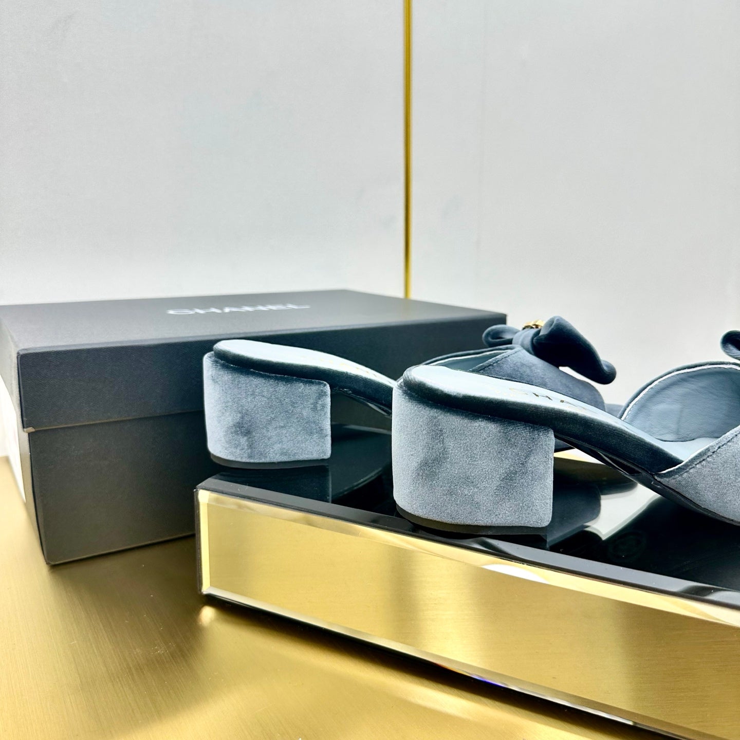 CHANEL BOWKNOT RHINESTONES MID HEEL MULE IN STONE BLUE VELVET