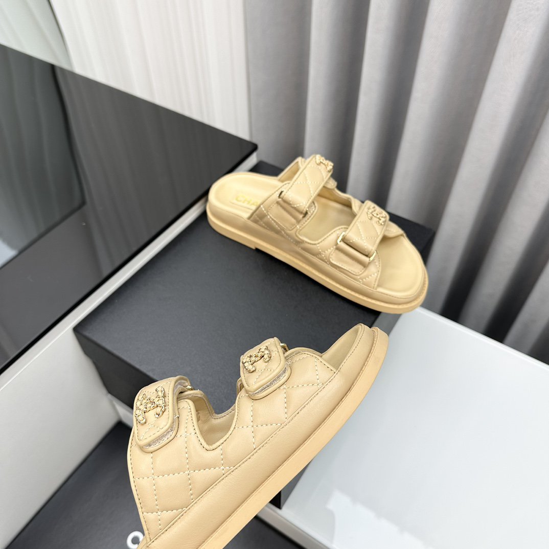 CHANEL dad sandals beige lambskin mules