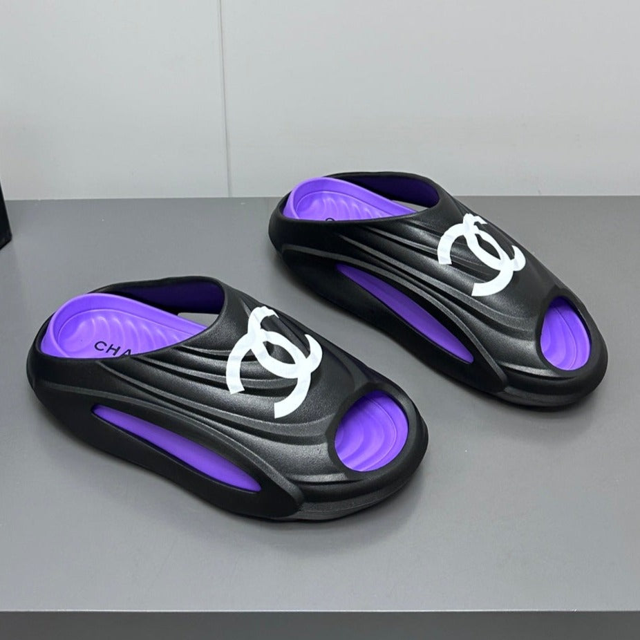 CHANEL New Double C Foam Lightweight Slippers Boat Black Purple