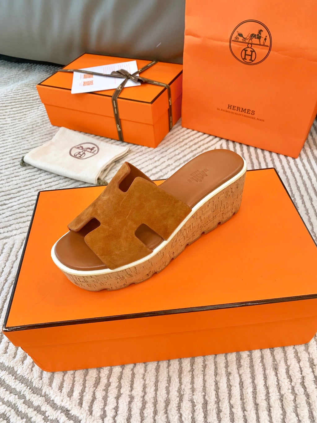 HERMES EZE 65 SANDAL BRIGHT BROWN SUEDE