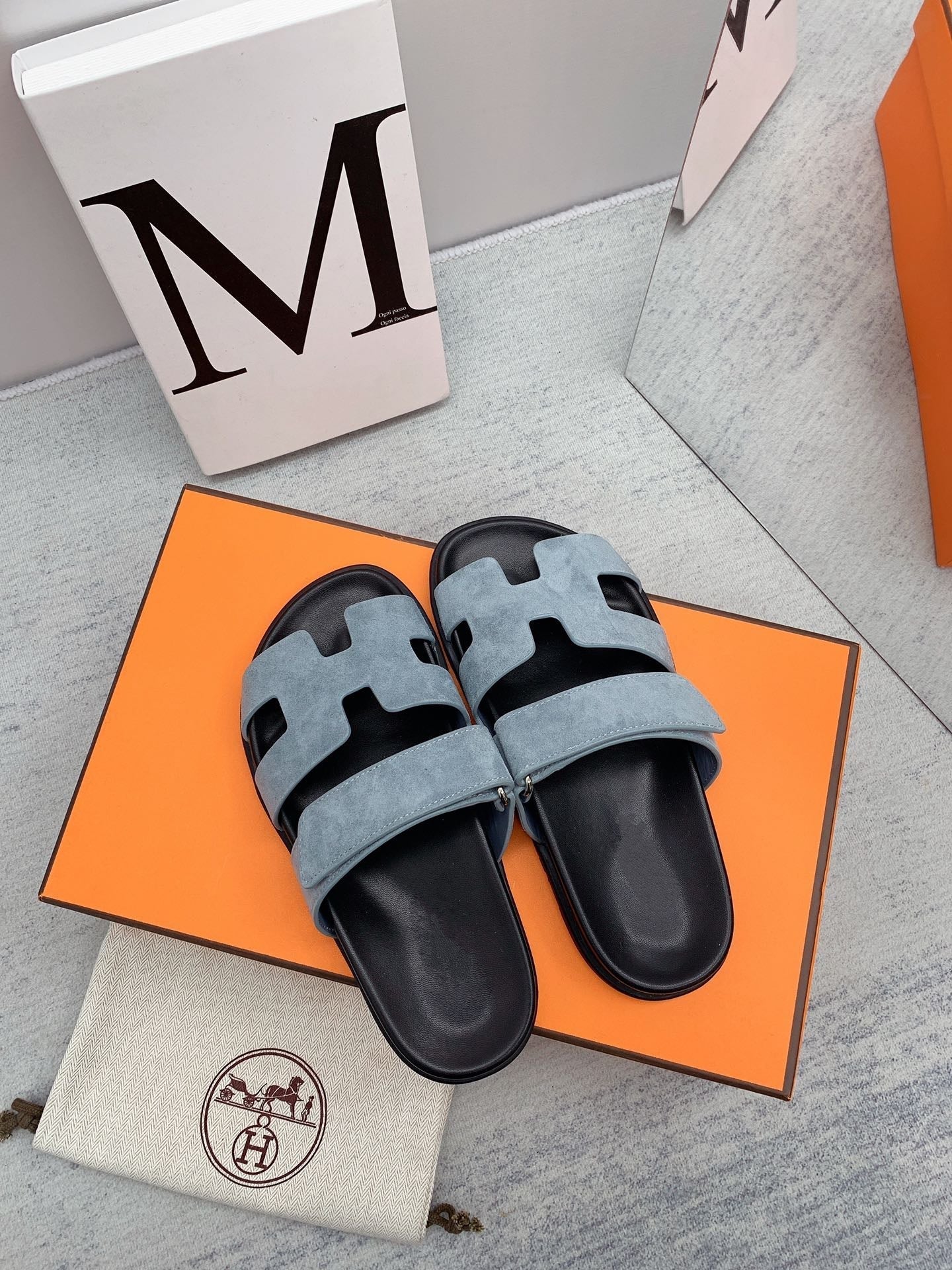 HERMES Chypre Sandal Black insole Light Blue lining