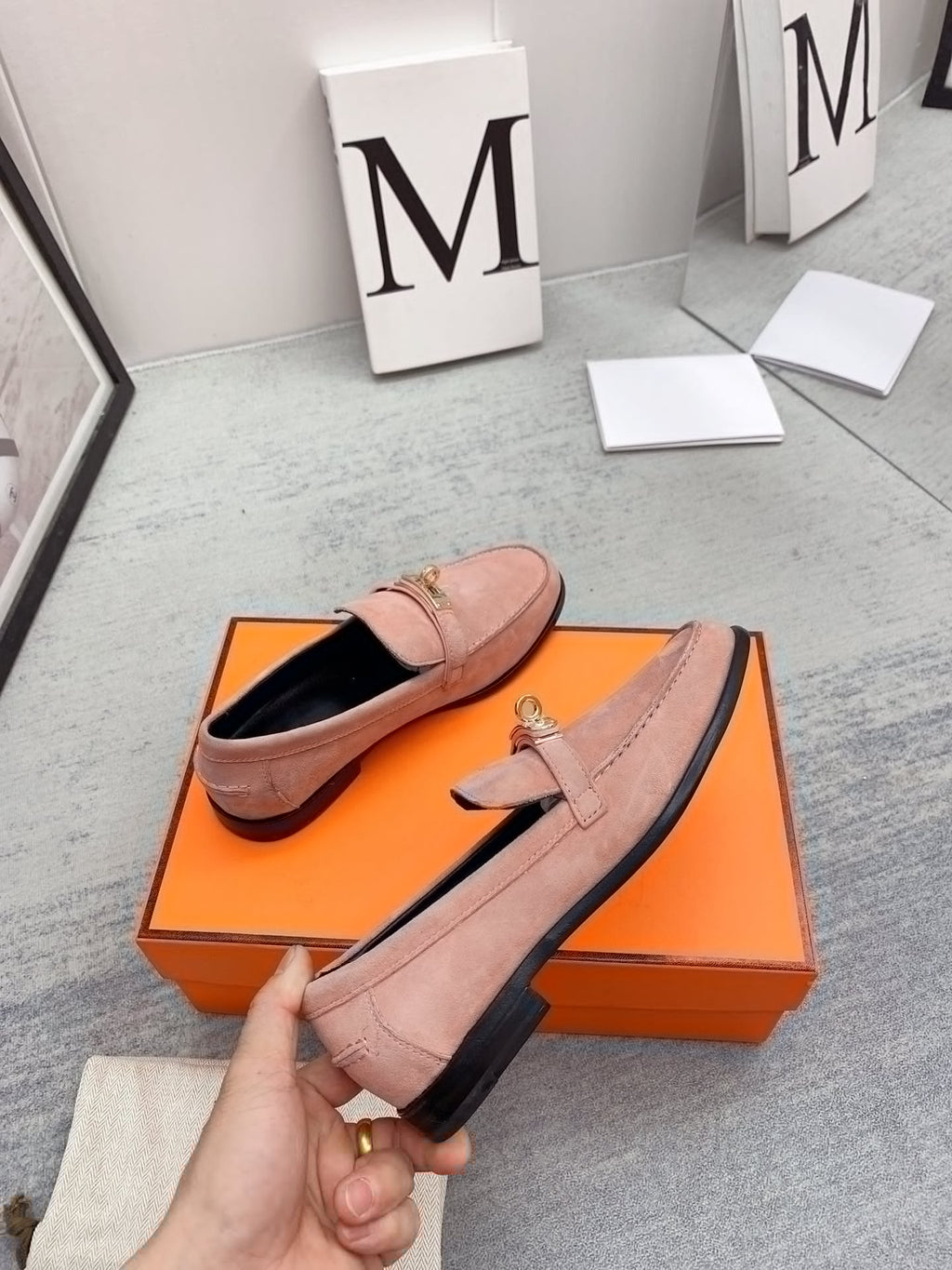 HERMES Destin Loafer Suede Light Pink